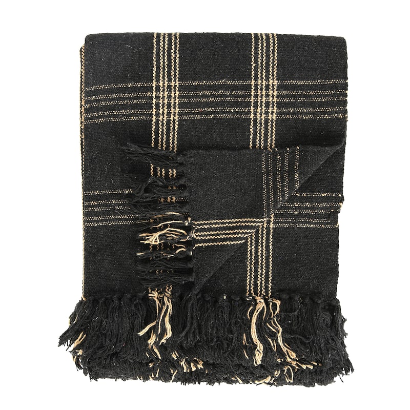Plaid Black & Tan Fringed Woven Cotton Blend Throw