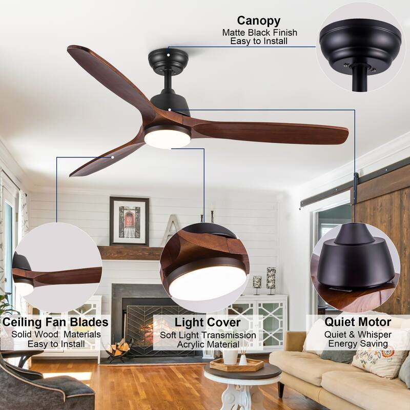 YUHAO 52 in. Indoor Matte Black Solid Wood Ceiling Fan with Integrated LED and Remote Control