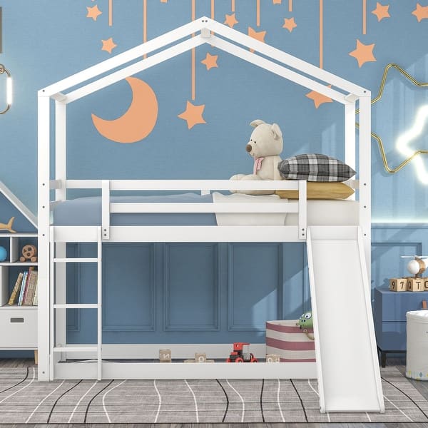 slide 2 of 48, Twin over Twin Sturdy Wood Bunk Bed with Roof, Slide and Ladder, White White