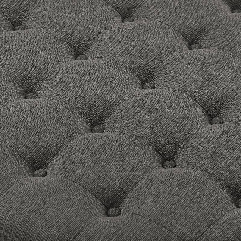 Large Round Tufted Linen Ottoman Coffee Table with Solid Wood Shelf - Granite Tone