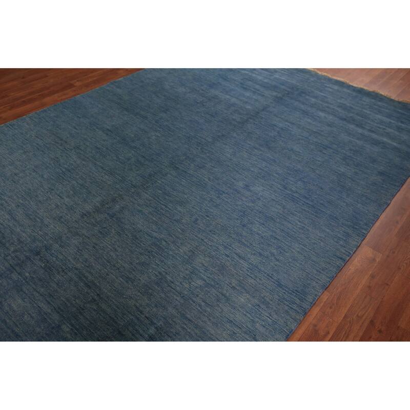 Modern Gabbeh Area Rug Hand-Knotted Oriental Blue Wool Carpet - 6'7" x 9'10"