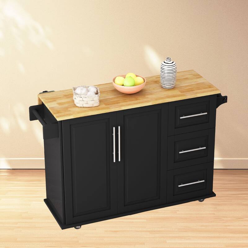 White Kitchen Island Cart with Expandable Solid Wood Table Top, 2 Cabinets, 3 Drawers, Spice & Towel Rack - 43.31"
