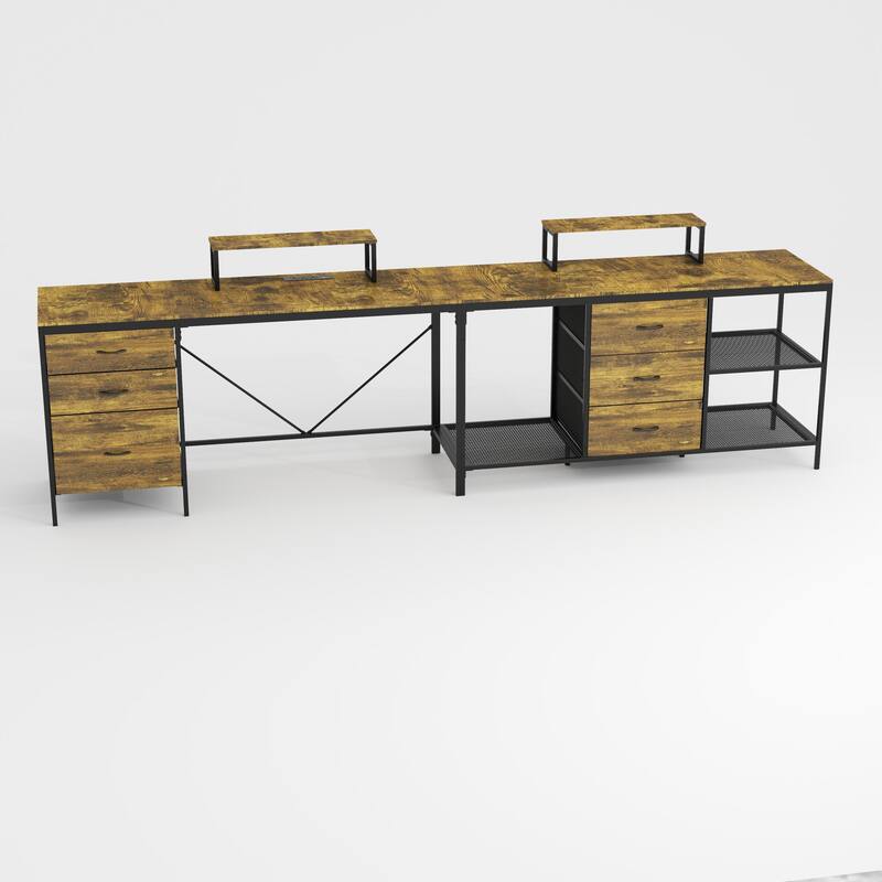 114 Inch L-Shaped Desk with Power Outlets & USB-C, Industrial Computer Desk with 6 Fabric Drawers, 3 Open Shelves