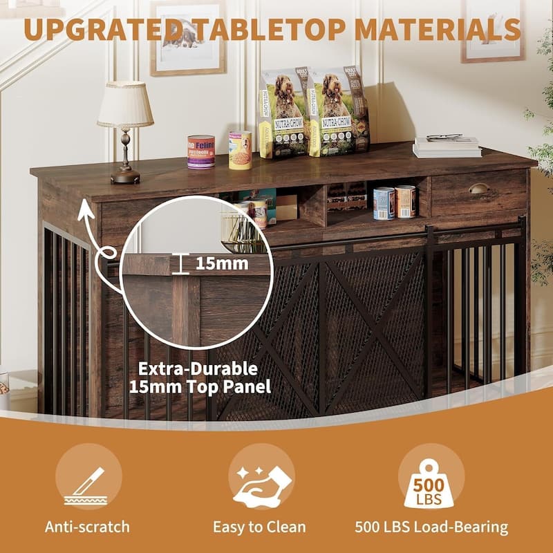 63 Inch Farmhouse Indoor Kennel Dog Crate Furniture with Double Doors