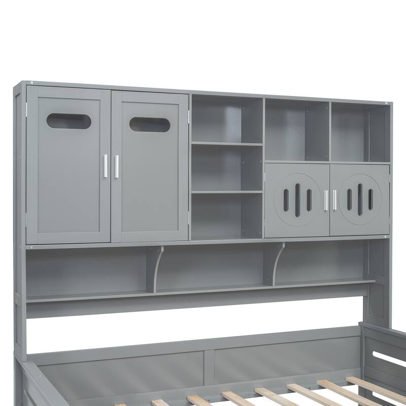 Contemporary Twin/Full Size Wooden Daybed with 2 Storage Drawers, Cabinet, and Shelf - Solid Wood Slats
