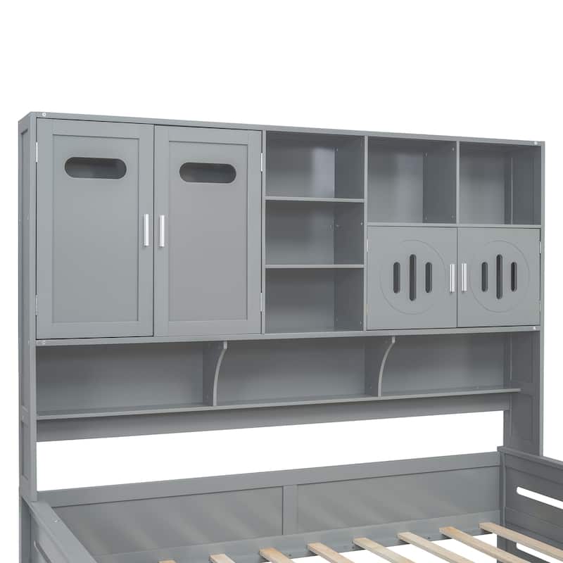 Twin Size Daybed with Bookcase Headboard and Shelves, Wooden Platform Bed Frame with 2 Drawers and All-in-One Storage Cabinet