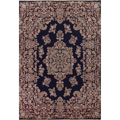 Navy Blue Floral Kerman Large Vintage Persian Rug Handmade Wool Carpet - 10'0" x 13'10"