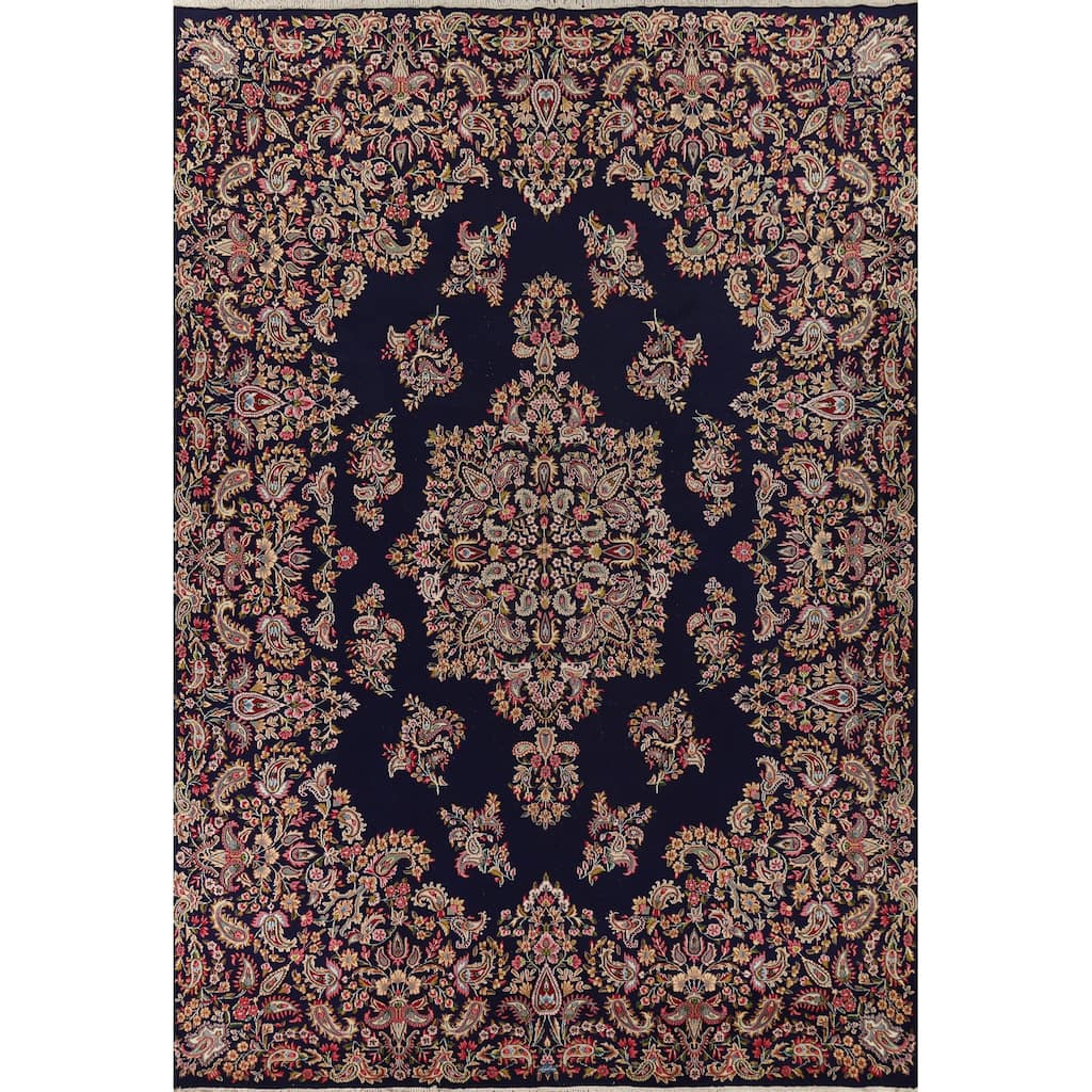 Navy Blue Floral Kerman Large Vintage Persian Rug Handmade Wool Carpet - 10'0" x 13'10"