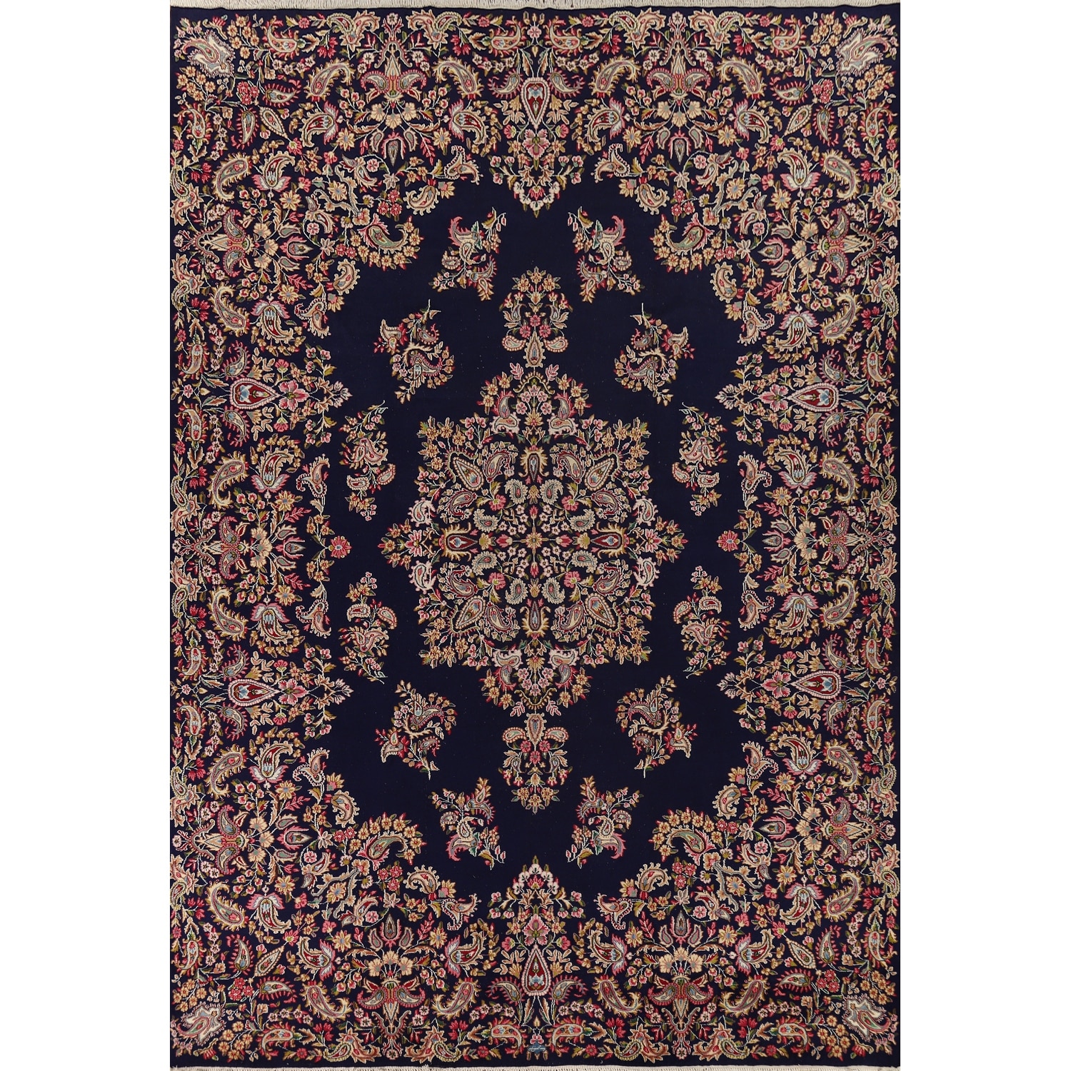 Navy Blue Floral Kerman Large Vintage Persian Rug Handmade Wool Carpet - 10'0" x 13'10"