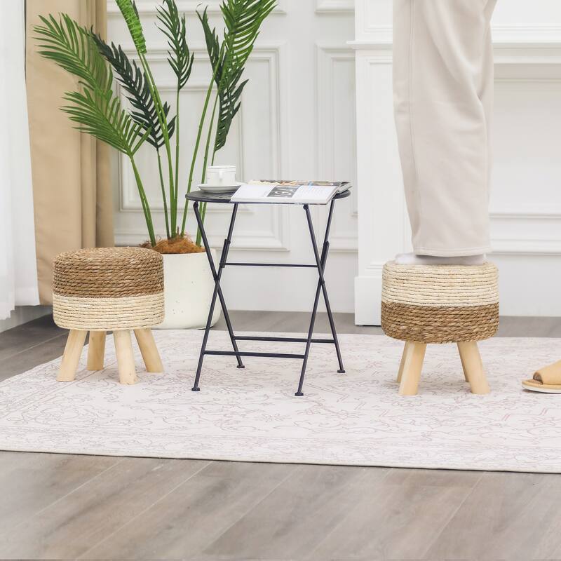 Adeco Set of 2 Ottomans Natural Cattail Hand Weave Round Foot Stool