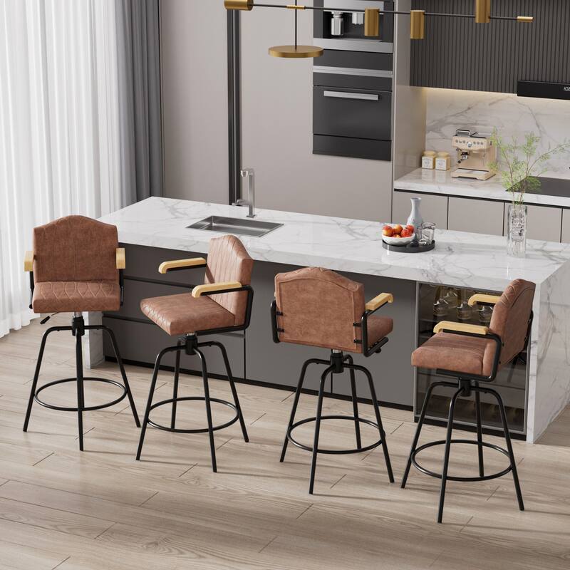 VECELO Set of 2/4 Brown PU Leather Swivel Bar Stools Comfortable Swivel Bar Stools with Footrest Fixed Height Tufted Bar Stools
