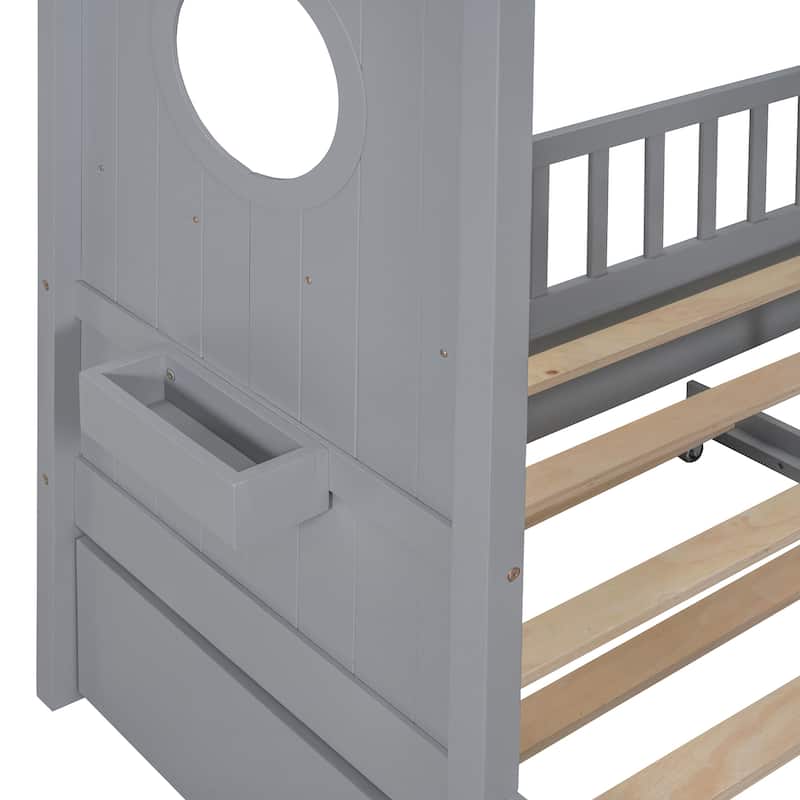 Wooden Full Size House Bed With Trundle, Modern Design For Kids With Storage Shlef