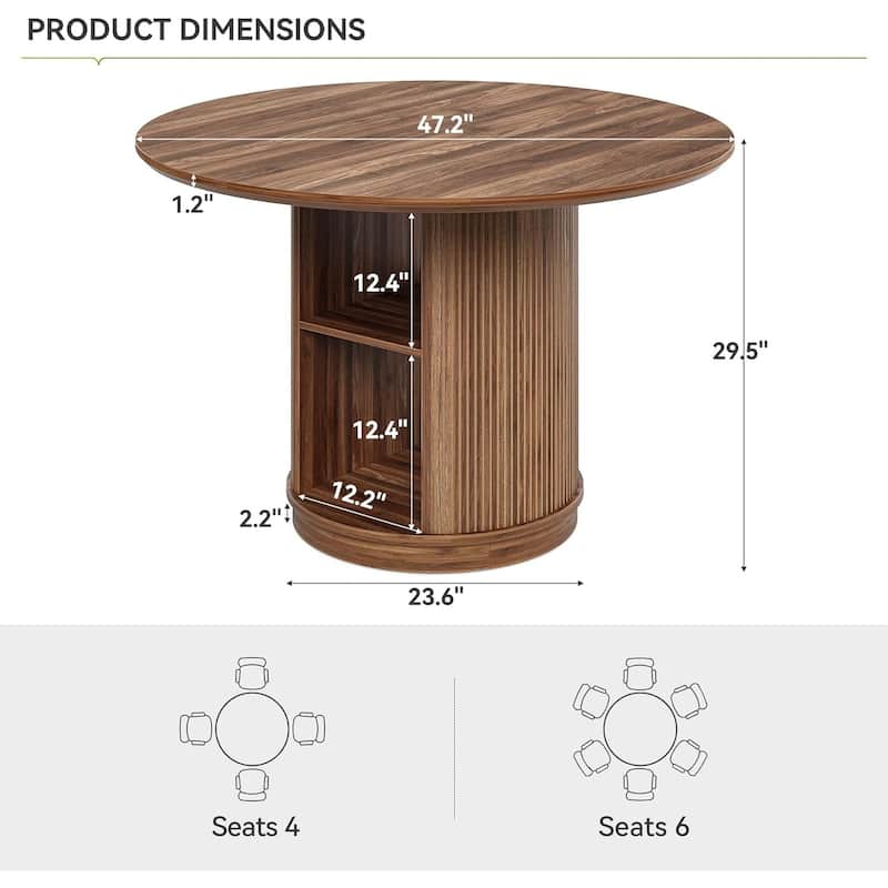 48-Inch Brown MDF 3-Tier Round Dining Table for 4-6, Farmhouse Kitchen Table with Storage Shelves