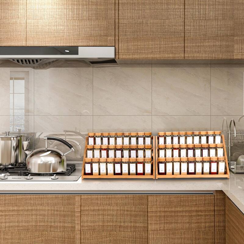 Bamboo Tiered Spice Rack for Countertop Spice Organizer for Pantry Spice Shelf Organizer for Cabinet Spices Rack