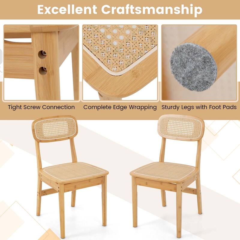 Rattan Accent Chairs Set of 2 Bamboo Frame Cane Woven Backrest &Seat