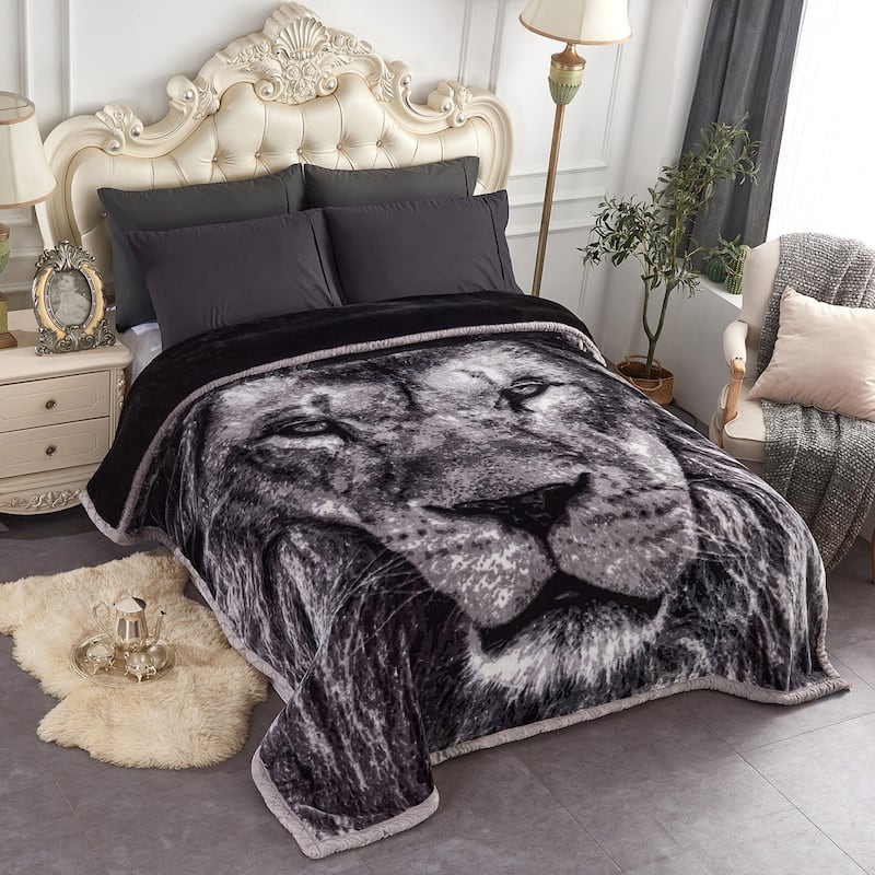 Floral & Animal 2-Ply Heavy Raschel Blanket 85" X 95" - King - Lion Eagle