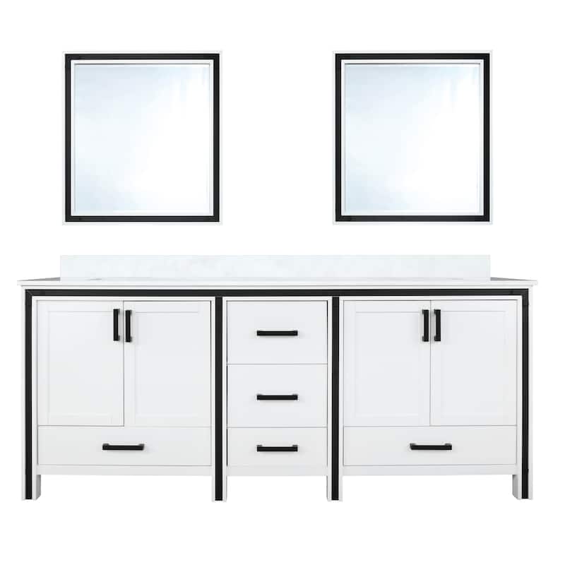 Ziva 72 in W x 22 in D White Double Bath Vanity, White Quartz Top and 30 in Mirrors
