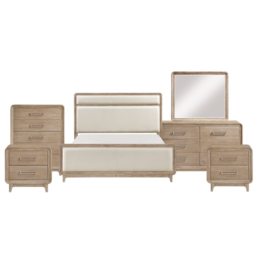 6pc Bedroom Set Natural Finish Upholstered Bed Nightstands Dresser Mirror Chest