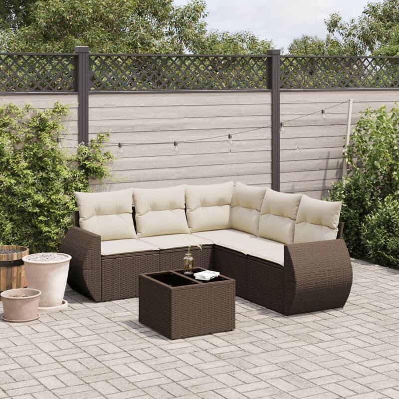 vidaXL Patio Sofa Set with Cushions Outdoor Conversation Furniture Poly Rattan - Brown and cream - 21.7 x 21.7 x 14.6