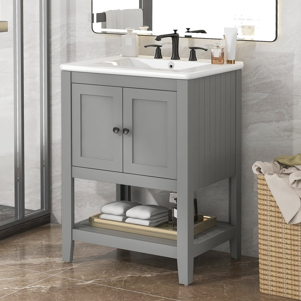 Bathroom Vanity Floor Storage Cabinet with Drop-In Sink and Open Shelf