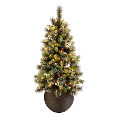 National Tree Company 4 ft. Pre-lit Artificial Glittery Crestwood Christmas Entrance Tree with Silver Glitter, Pinecones