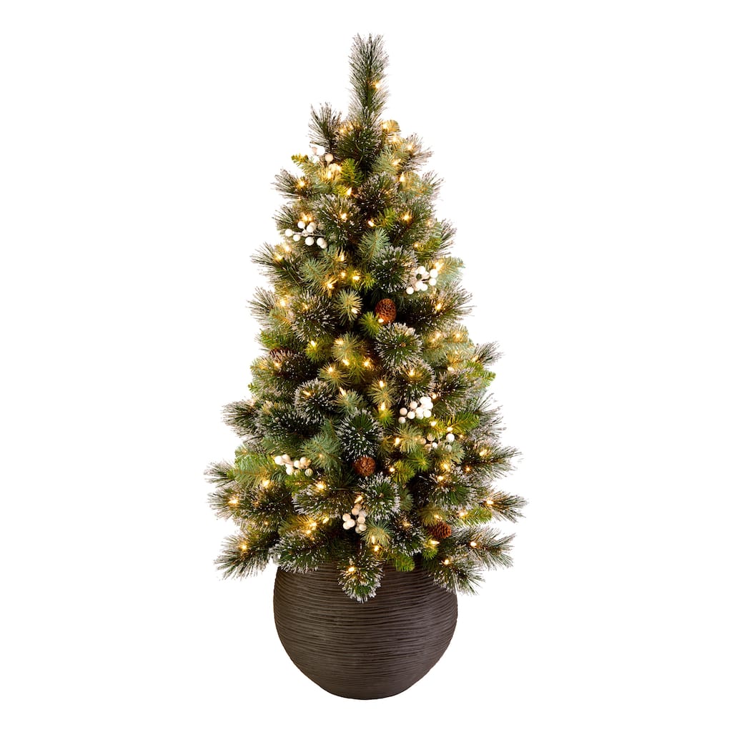 National Tree Company 4 ft. Pre-lit Artificial Glittery Crestwood Christmas Entrance Tree with Silver Glitter, Pinecones
