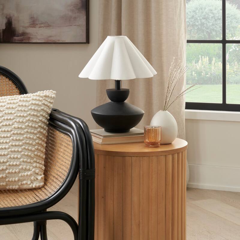 Nourison 18" Black Wooden Table Lamp with Fluted Shade