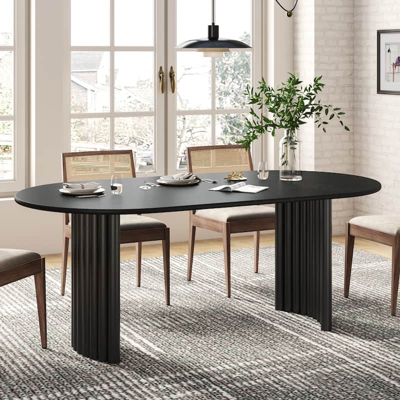 Oval Dining Table with Arc-Shaped Edge Top and Stripes Base Modern Farmhouse Kitchen Table for Living Room Dining Room