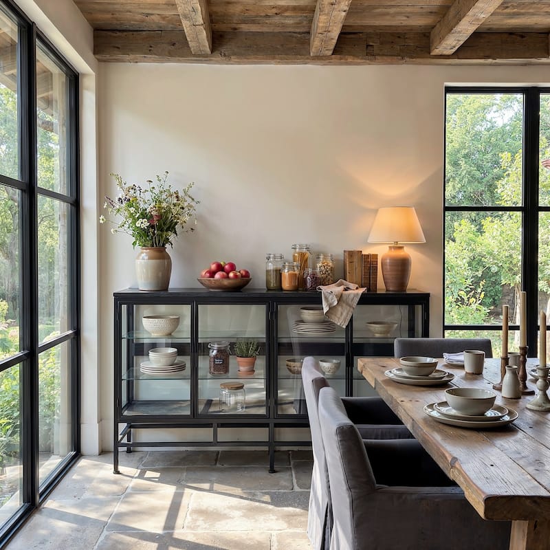 63" Industrial Glass Display Cabinet with LED Lights, 4-Door Metal & Wood Curio Sideboard for Living Room