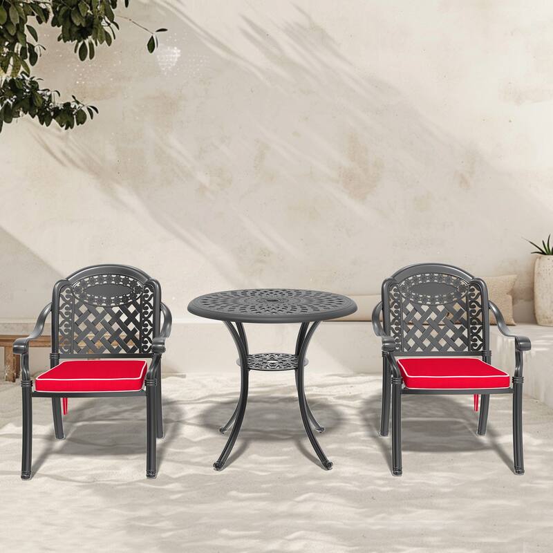 3/5-Piece Cast Aluminum Outdoor Dining Set with 30.71 in. Round Table and Random Color Cushions - Black( 3-Piece Sets-B)