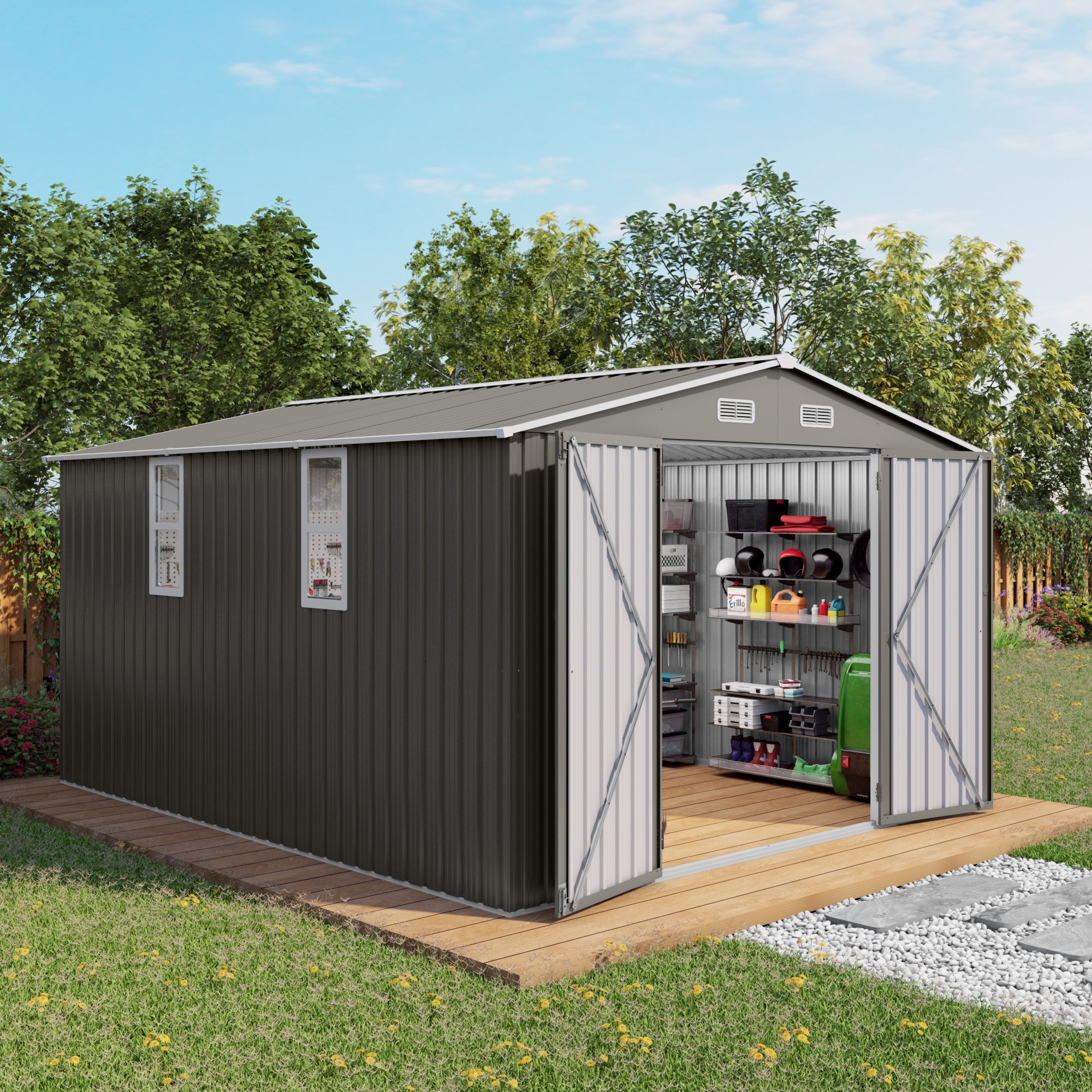 10x12 FT Outdoor Storage Shed Large Metal Garden Shed with Double Door and Two Translucent Windows Waterproof Tool Shed,Grey