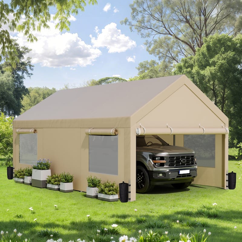 Futzca 12x20 ft Carport Canopy, Waterproof Outdoor Shelter with Sandbags - Khaki - 12*20FT