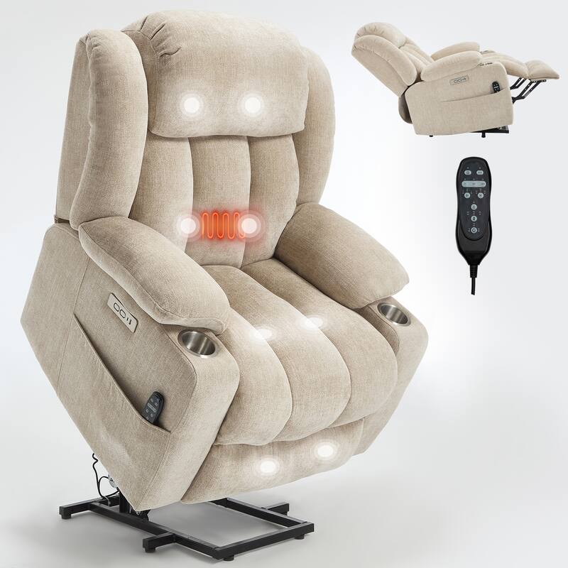 Chenille Power Lift Recliner 8 Point Vibration Massage Chair with Waist Heating, USB Ports and Stainless Steel Cup Holder