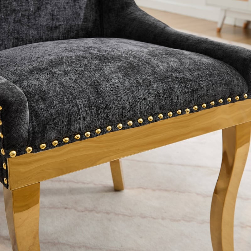 Chenille Dining Chairs, Modern Upholstered Accent Chair with Curved Gold-Plated Legs & Rivet Trim, Plush Fabric, Set of 2