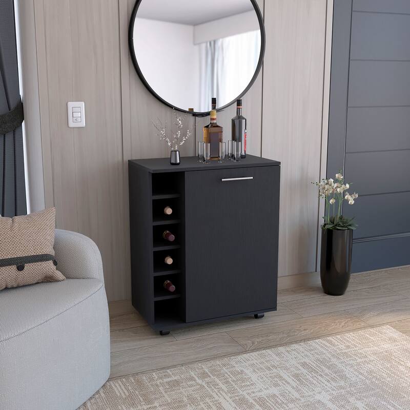 Wick Bar Cart with Integrated Wine Storage,Spacious Cabinet and Smooth Rollers - Black