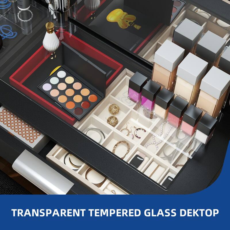 Moasis White 10-Drawer Cosmetic Vanity Desk Set with Glass Tabletop Makeup Vanity with LED Strip