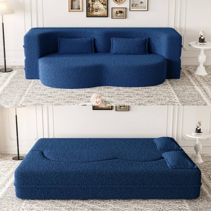Modern Convertible Floor Sofa Bed - Full Size Foldable Sleeper with Memory Foam, 2 Pillows & No Assembly Needed - Blue