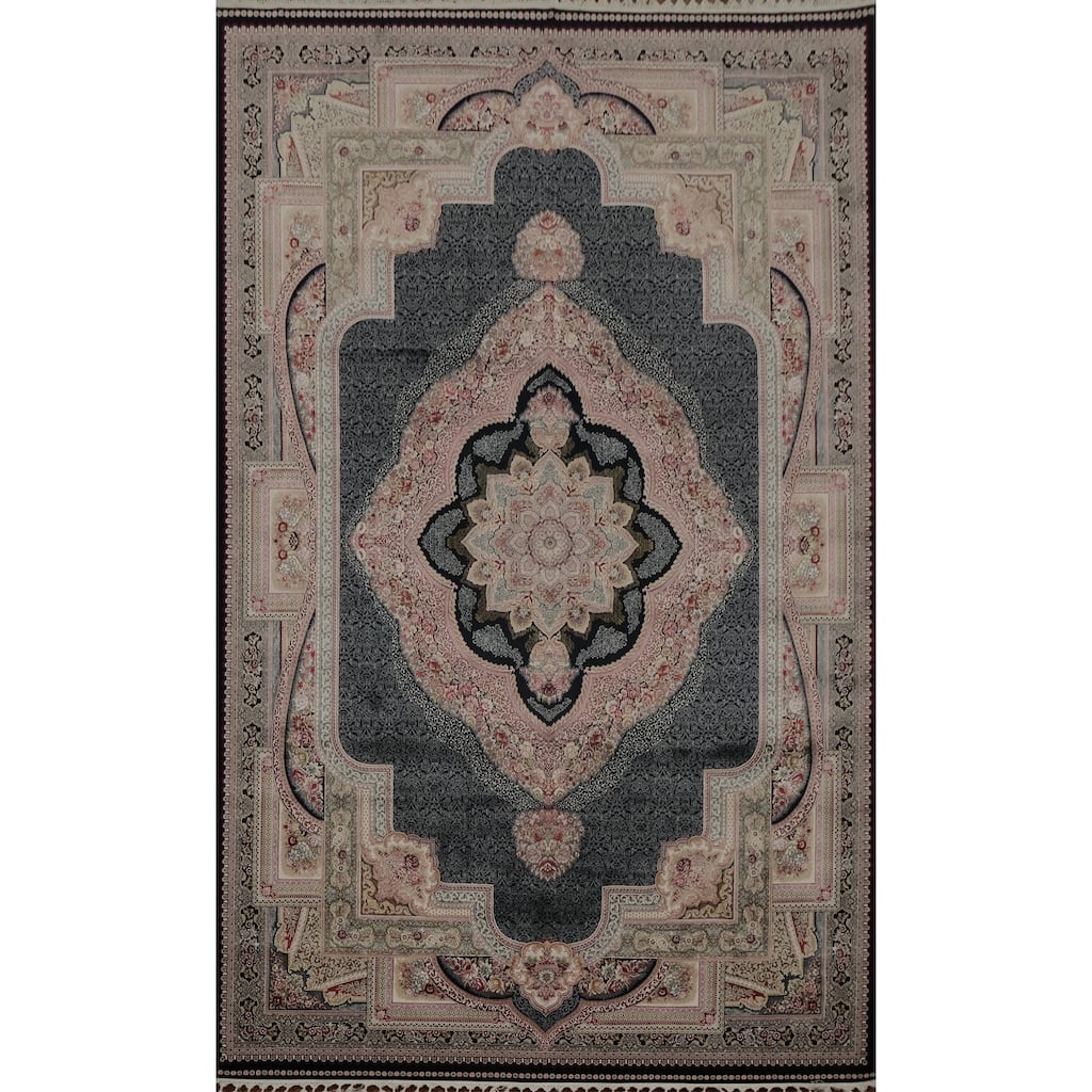 Machine Made Oriental 90% Silk - 10% Polyester Carpet Traditional Medallion Navy Blue & Blues Qum Area Rug - 9' 10'' X 6' 6''