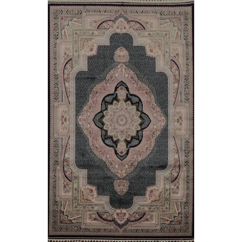 Machine Made Oriental 90% Silk - 10% Polyester Carpet Traditional Medallion Navy Blue & Blues Qum Area Rug - 9' 10'' X 6' 6''