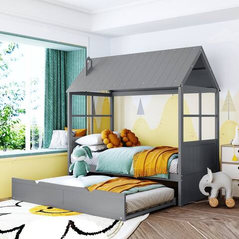 Twin Size Wood House Bed with Twin Size Trundle Wooden Daybed with Roof and Windows Design