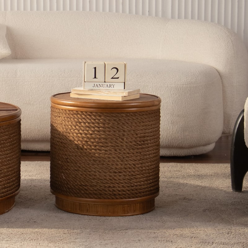 Round Rattan Coffee Table with Lift-Off Lid Storage - Wood - 15.94
