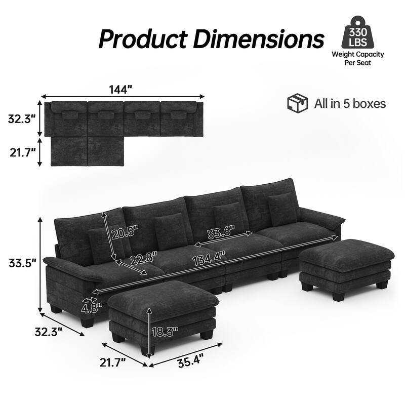 144" Modular Compression Sofa Set Convertible Sectional Sleeper Couch with 2 Ottomans