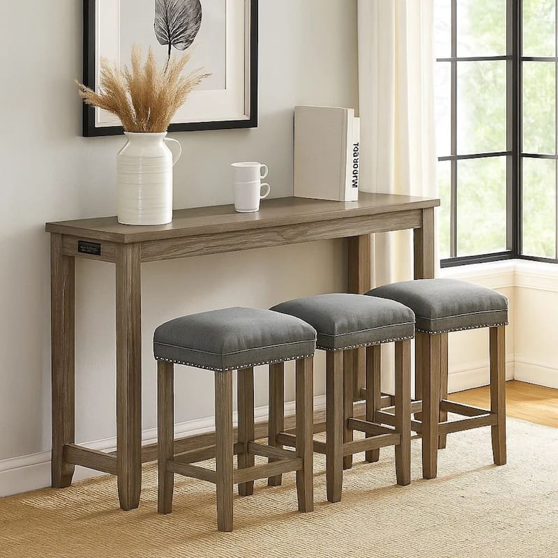 4 Piece Wooden Counter Height Table with Fabric Padded Stool, Brown