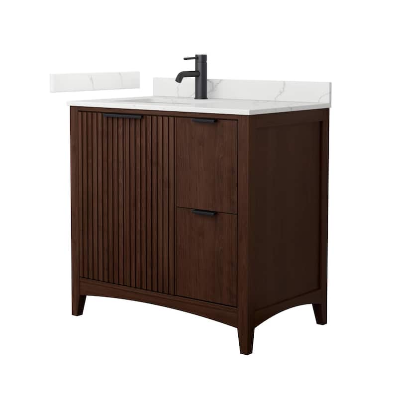Wyndham Collection WCF9191-36S-QTZ-UNSMXX Palmilla 36" Free Standing - Dark Walnut / Giotto Quartz Top / Matte Black