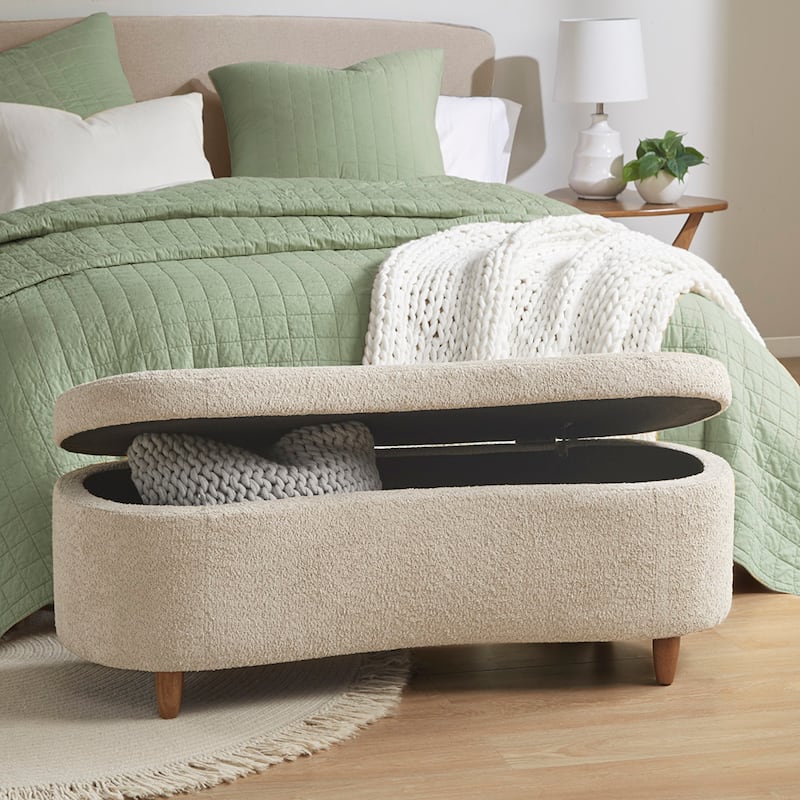 Roomfitters Boucle Flip Top Storage Bench, Curved Upholstered Entryway and End of Bed Trunk with Solid Wood Legs, Taupe