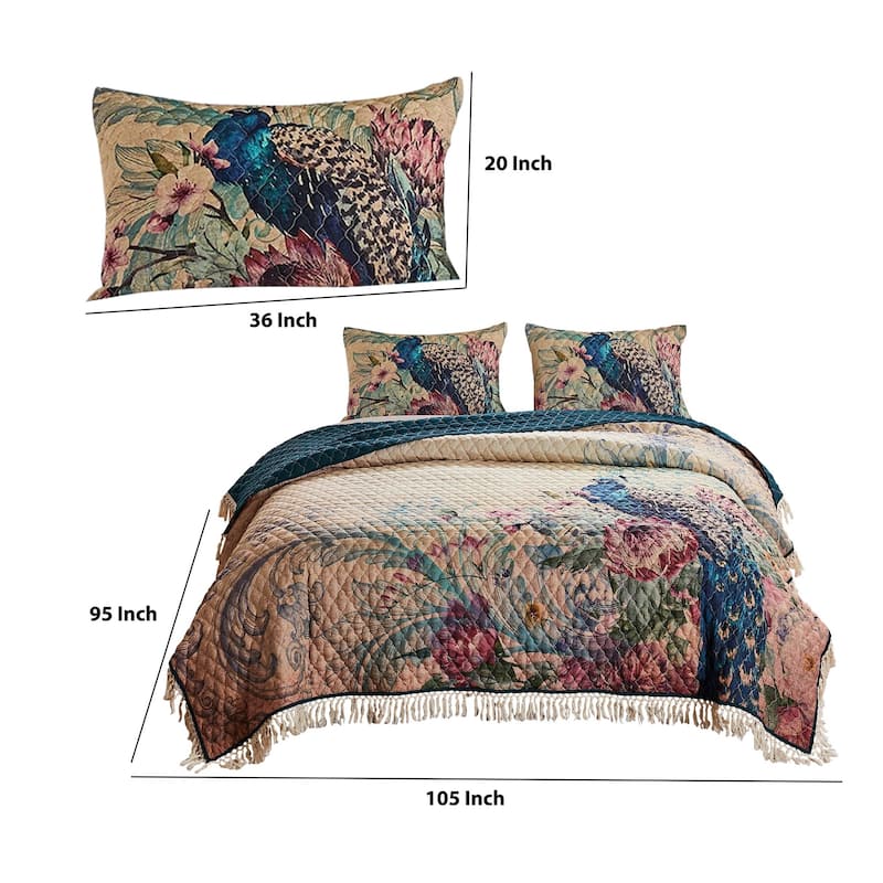 3 Piece King Size Quilt Set with Floral Print and Crochet Trim, Multicolor