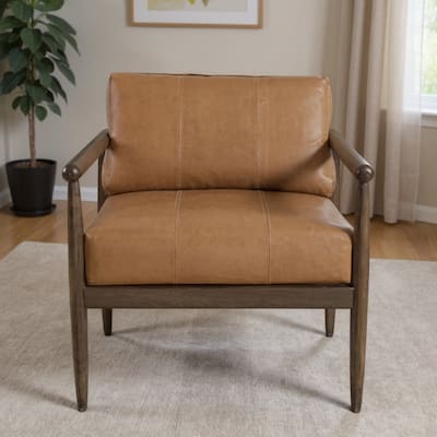 HomeRoots 28" Brown Genuine Leather and Solid Wood Arm Chair - 27.50 in. x 26.00 in. x 30.50 in.