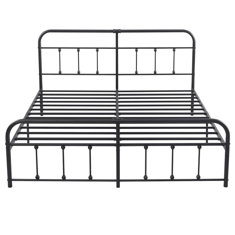 Black Metal Bed Frame with Vintage Headboard and Footboard,No Box Spring Needed,Premium Stable Steel Slat Support,Black