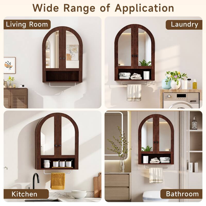 Wall Mounted Arched Cabinet with Mirrored Doors and Adjustable Shelves for Laundry Room, Bathroom, Kitchen