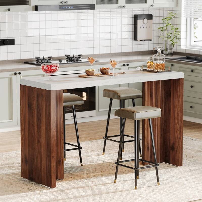 55'' Home Bar Unit, Bar Table with Faux Marble Finished Tabletop
